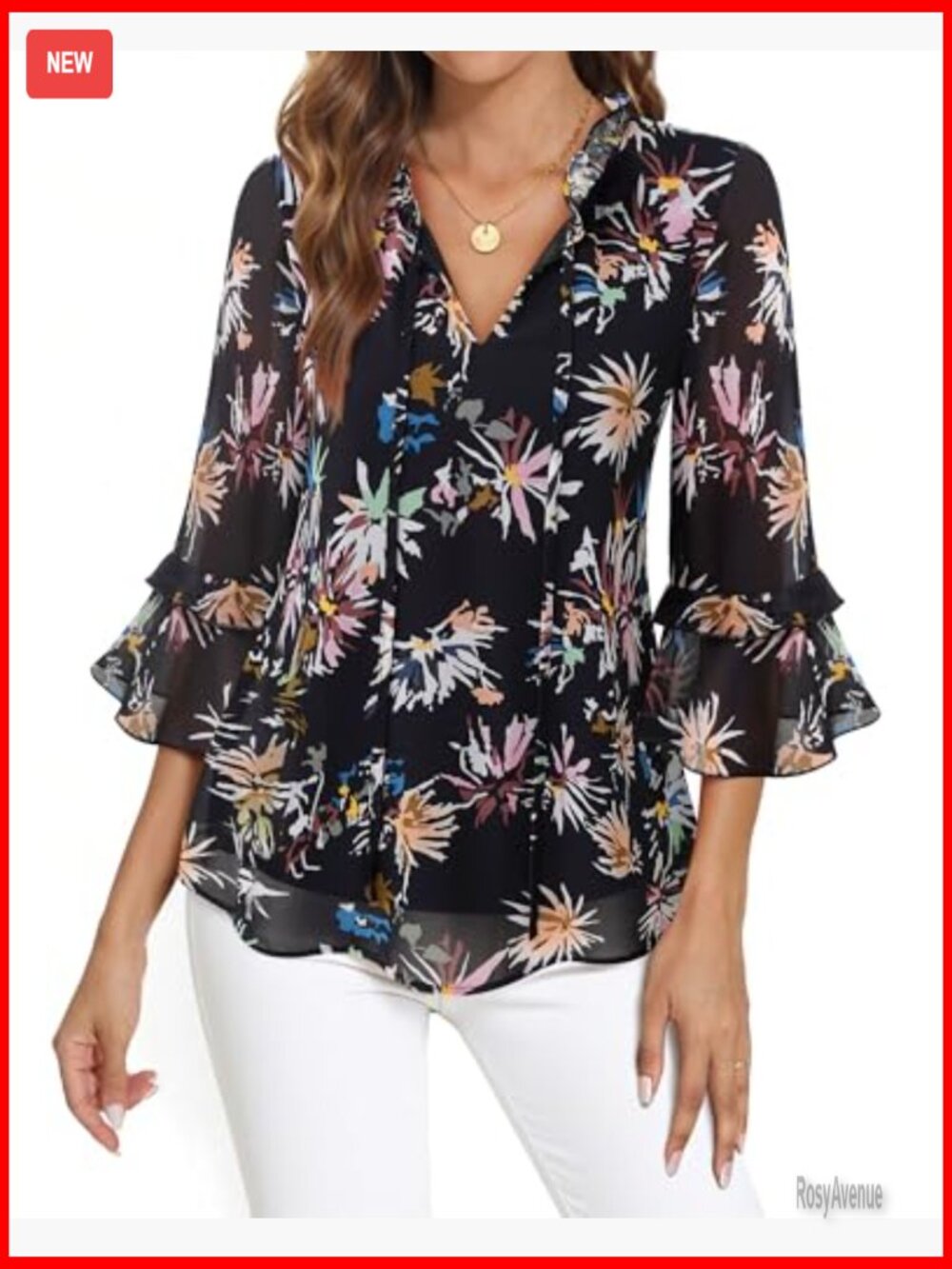 Womens Tops Dressy Casual Ruffle 3/4 Sleeve V Neck Elegant Floral Chiffon Blouse - Picture 4 of 7